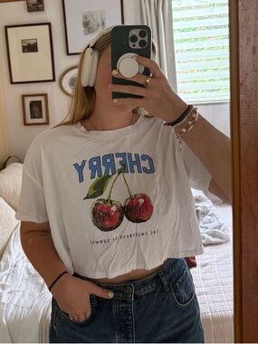 No Boundaries White Crop Top with Red Cherry Graphic and Blue Lettering